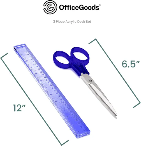 Vista 2 de OfficeGoods Juego de escritorio de acrílico de 3 piezas, incluye regla, removedor de grapas, tijeras, accesorios de escritorio funcionales y Azul