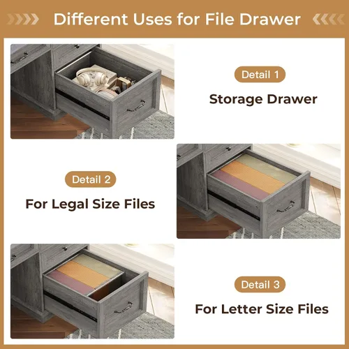 Vista 3 de BTHFST Escritorio ejecutivo estilo granja con cajón para archivos, escritorio para computadora con estación de carga y luces LED, escritorio de Gris