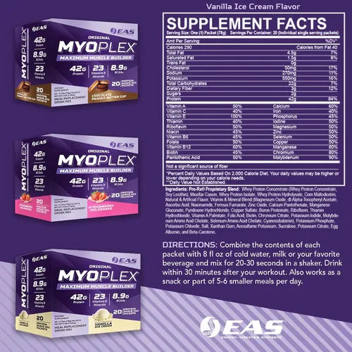 Vista 2 de EAS Original Myoplex Maximum Muscle Builder, mezcla de proteínas de reemplazo de comidas, mezcla de proteínas de calidad, 1.48 oz de proteína, 20