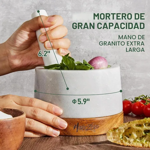 Vista 2 de MarcZero Juego de mortero y pilón grande de 15 cm con base de madera antiarañazos, mortero y pilón resistentes hechos de mármol natural (blanco)