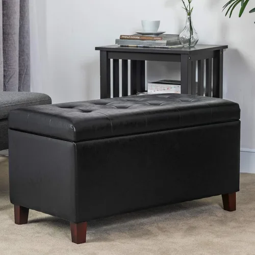 Vista 6 de Adeco Otomana de almacenamiento, banco tapizado rectangular de piel sintética con patas de madera, reposapiés, mesa de café para sala de estar Negro