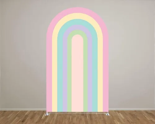 Vista 2 de Fundas de telón de fondo de tela con arco iris para fiestas Groovy Party Boho Pastel Rainbows, fundas elásticas para soporte de arco de cumpleaños