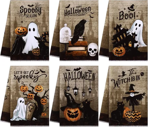 Vista 15 de Ganeen Juego de 6 toallas de mano de Acción de Gracias con texto en inglés «Hello Fall» en blanco y negro, vintage, calabaza, camión, motero