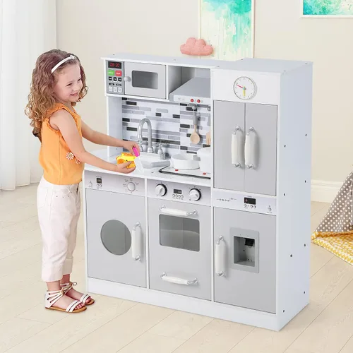 Vista 2 de INFANS Juego de cocina para niños, juego de cocina de madera con luz y sonido realistas, estufa, fregadero, microondas, armario de almacenamiento