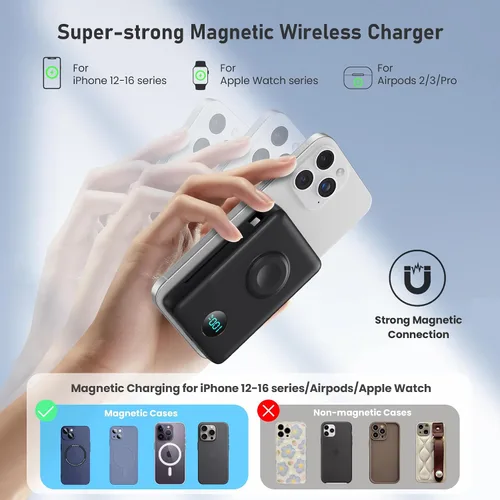 Vista 6 de Cargador portátil magnético para MagSafe con cable integrado, cargador para iWatch, banco de energía inalámbrico de 10800mAh, artículos esenciales