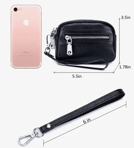 Vista 2 de Cartera de cuero genuino con correa para la muñeca, Negro