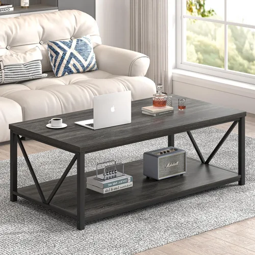 Vista 13 de FOLUBAN Mesa de centro con almacenamiento, mesas centrales pequeñas modernas para espacios pequeños, mesa de cóctel de madera rústica y metal