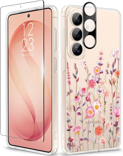 Vista 50 de GVIEWIN Funda protectora para Samsung Galaxy S25, transparente floral, delgada, a prueba de golpes, para mujer, no se pone amarilla, con protector