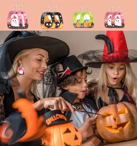 Vista 6 de Adoshine 4 pares de aretes de Halloween para mujeres y niñas, brujas espeluznantes, calabaza, telaraña, esqueleto, fantasma, gato negro, ligeros