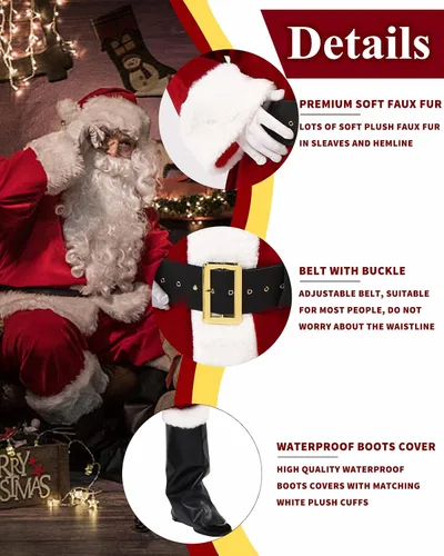 Vista 9 de Disfraz de Papá Noel para adulto, 9 piezas, traje de Papá Noel de felpa de lujo para hombre, disfraz de Papá Noel para hombres, conjunto de traje
