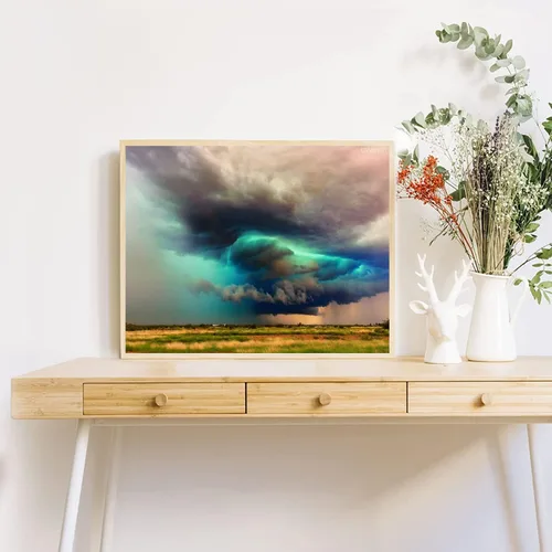 Vista 2 de DVWIVGY Maravillosa pintura de diamantes de paisaje natural, pintura de diamante redondo, arte de diamante, nube de tormenta con campo de trigo, kit