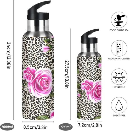 Vista 2 de Pink Roses Leopard Print Stainless Steel Vacuum Insulated Water Bottle 20 Oz Leakproof Water Bottles, BPA-Free Sport Water Bottle Insulated