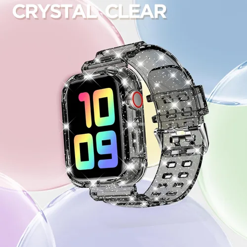 Vista 215 de DABAOZA - Correa transparente compatible con Apple Watch con estuche protector, correa deportiva de TPU con brillo para mujeres y hombres