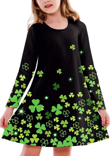 Vista 8 de Deerose Vestido de manga larga para niñas del día de San Patricio Mardi Gras, de 3 a 14 años Navidad café