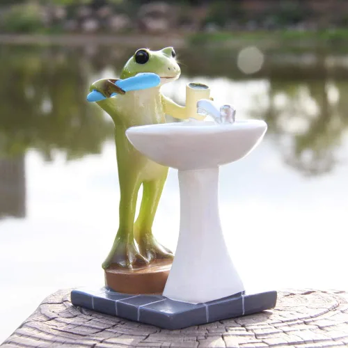 Vista 6 de Tfro & Cile Estatua de jardín de rana, decoración en miniatura, estatua de animales para exteriores, escultura de dientes para cepillado de hadas