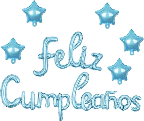 Vista 4 de Cartel de globos de Feliz Cumpleanos con 5 globos de estrella temática de fiesta