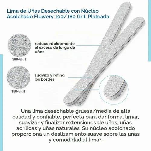Vista 4 de Flowery Lima de uñas desechable con núcleo de grano 100/180, plateado, paquete de 100