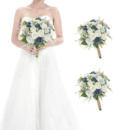 Vista 19 de Ramos para dama de honor para boda - Ramo de flores artificiales de 7 pulgadas para fiesta, ceremonia, aniversario, centros de mesa para mesa de Azul