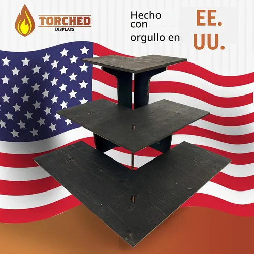 Vista 6 de Mesa expositora de esquina de ébano quemado de 3 niveles con estantes para productos - portátil Negro