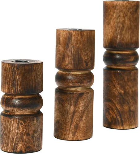 Vista 5 de Main + Mesa Juego de 3 portavelas cónicos apilados de madera