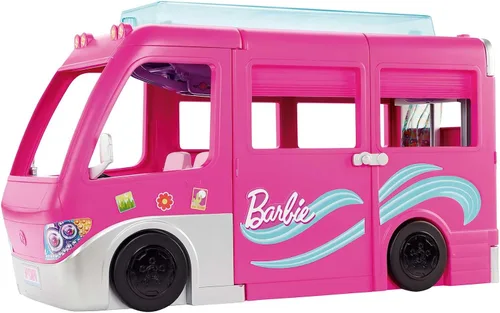 Vista 4 de Barbie Camper, juego de muñeca con 60 accesorios, tobogán de 30 pulgadas y 7 áreas de juego, Dream Camper