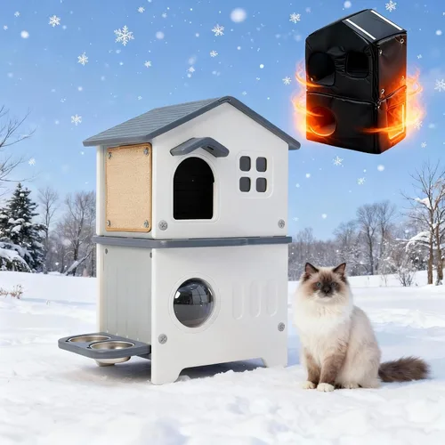 Vista 7 de Casa aislada para gatos al aire libre resistente a la intemperie para gatos múltiples felinos, refugio elevado de plástico de 2 pisos con puerta