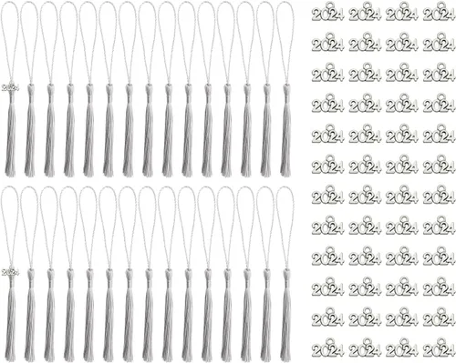 Vista 10 de Tupalizy 30 mini borlas sedosas hechas a mano con 60 dijes del año 2024 para graduación, llavero, aretes, joyería, regalos de boda, recuerdos