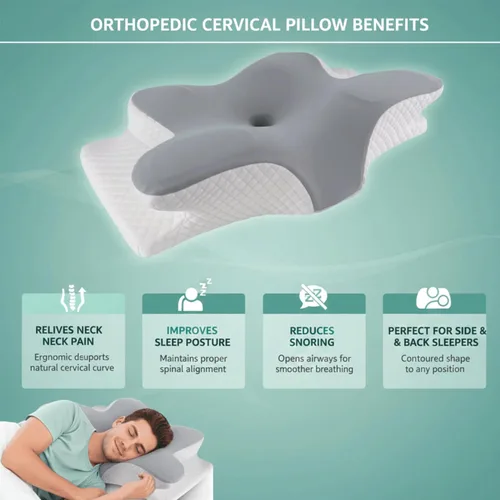 Vista 3 de Almohada cervical para aliviar el dolor de cuello – Almohada ergonómica de espuma viscoelástica con máscara para dormir, almohada ortopédica