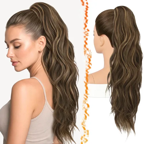 Vista 13 de BARSDAR 25 Inch Synthetic Dual Claw Clip Auburn Brown Loose Wavy Ponytail