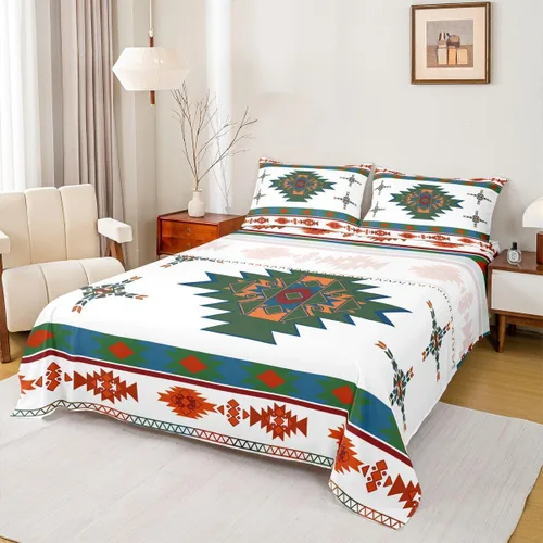 Vista 19 de Juego de sábanas occidentales tamaño individual, sábana bajera azteca, estilo nórdico exótico, bohemio, diseño de tribu india, geometría étnica