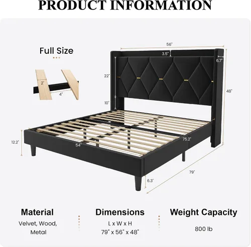 Vista 2 de SHA CERLIN Base de cama tapizada de terciopelo de tamaño matrimonial con estación de carga, moderna cabecera de almacenamiento con respaldo de ala