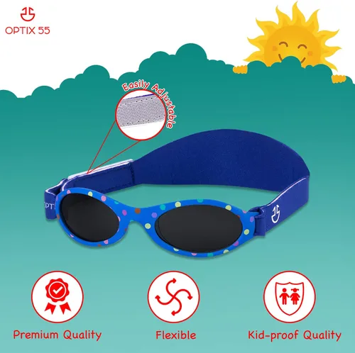 Vista 3 de Optix 55 Gafas de sol para bebé con correa, lentes de sol para bebés, niños pequeños y niñas de 0 a 12 meses, 3 años, UV 400, Azul