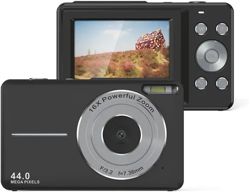 Vista 2 de Cámara digital, FHD 1080P apuntar y disparar cámara para niños, con tarjeta de 32 GB, sello de fecha antivibraciones con zoom 16X, compacto, Negro