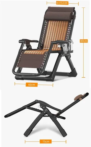 Vista 2 de Zero Gravity - Silla reclinable plegable ajustable de bambú con almohada y soporte para tazas, patio, césped, reclinable, para exteriores, piscina