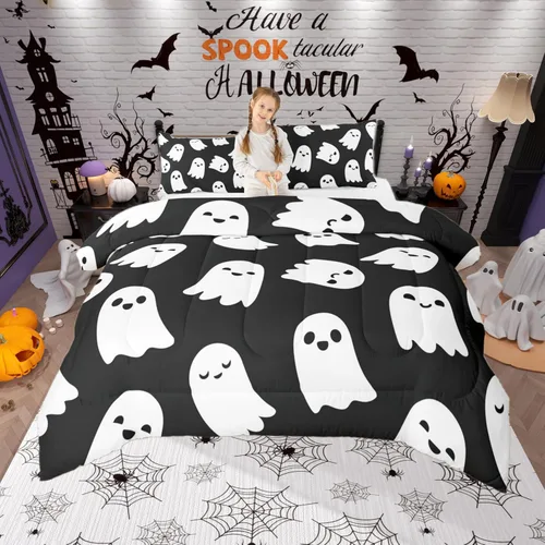 Vista 17 de Castle Fairy Happy Halloween - Juego de edredón para niños, tamaño Queen, juego de ropa de cama con diseño de fantasmas de dibujos animados rosa