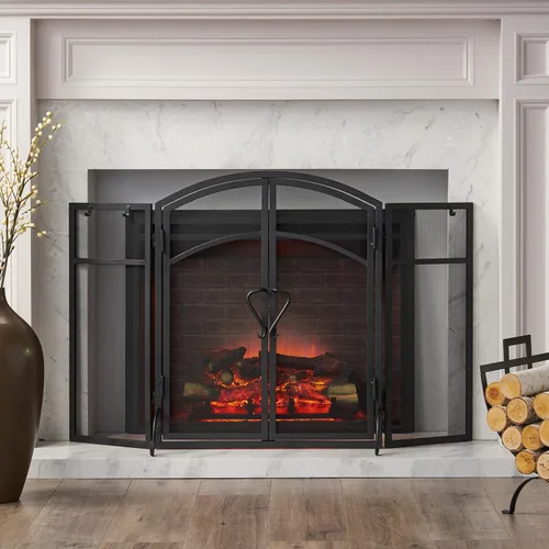 Vista 4 de Christopher Knight Home Darlene - Pantalla plegable de hierro moderno para chimenea con puerta y herramientas, color negro mate