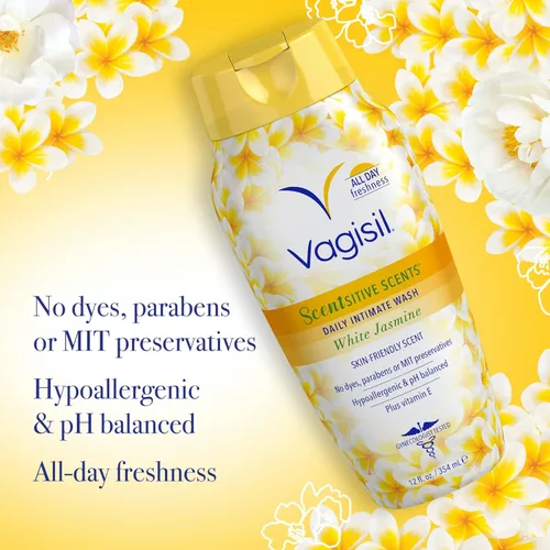 Vista 4 de Vagisil Lavado Femenino para Higiene del Área Íntima, Aromas Scentsitive, pH Equilibrado y Probado por Ginecólogos, Jazmín Blanco, 12 oz
