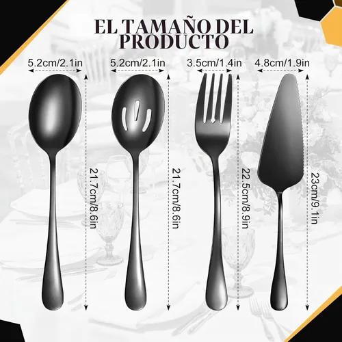 Vista 3 de Juego de cubiertos de servicio de 19 piezas que incluye espátulas de acero inoxidable, tenedores, cucharas, perforadas, para sopa, espumaderas Negro
