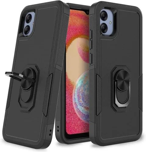 Vista 4 de Funda para Samsung Galaxy A04e, doble capa a prueba de golpes magnética con soporte de anillo giratorio (negro)
