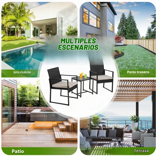 Vista 7 de PayLessHere Juego de muebles de patio al aire libre de 3 piezas Caqui Moderno juego de bistró de ratán con sillas acolchadas y mesa de centro