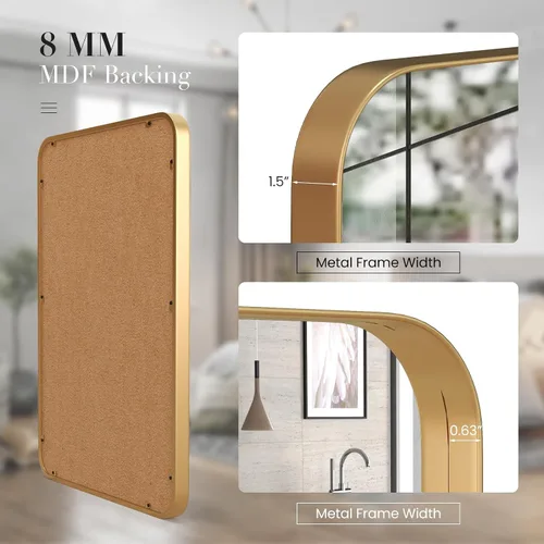 Vista 7 de Tangkula Espejo de baño dorado de 20 x 32 pulgadas, espejo de tocador rectangular redondeado con marco de metal, dorado mate, vidrio templado