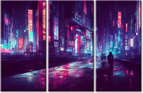Vista 51 de Arte de pared de 3 piezas de escena de ciencia ficción de la calle comercial futurista paisaje urbano, decoración de pared para dormitorio