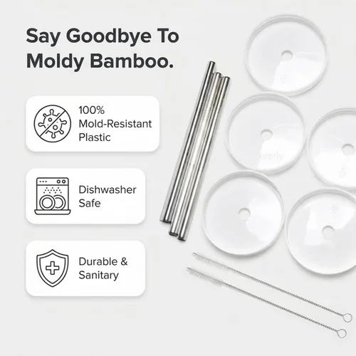 Vista 4 de (4 pajitas de té Boba, 4 tapas de tarro Mason y 2 limpiadores de pajitas) Wide reusable stainless steel boba straws with mason jar lids and