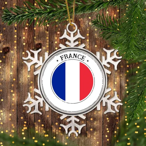 Vista 3 de Adorno de copo de nieve de metal navideño Bandera de Francia colgante de copo de nieve de peltre personalizado recuerdo decorativo para Navidad Año