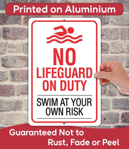 Vista 6 de Letrero de metal con texto en inglés «No Lifeguard on Duty, Swim At Your Own Risk– Uso en interiores y exteriores – Aviso de seguridad en el agua