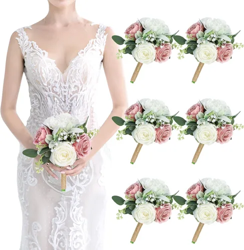 Vista 26 de Ramo de dama de honor artificial para boda, ramo de flores de seda prefabricadas de 7 pulgadas, ramo de flores pequeñas para dama de honor