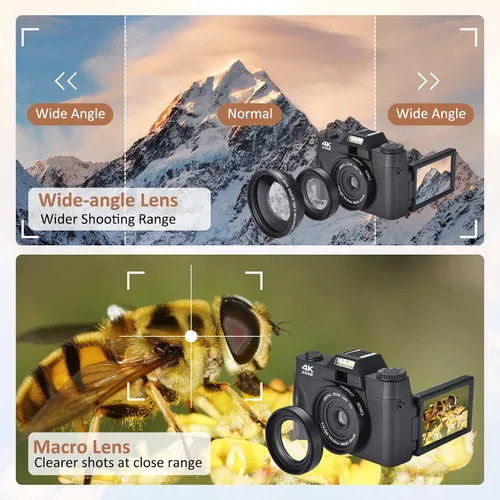 Vista 4 de Cámara digital 4K, cámara de vlogging con WiFi para YouTube, enfoque automático 16X Zoom 48MP Cámaras Fotografía Tarjeta SD de 64 GB, Gran Angular