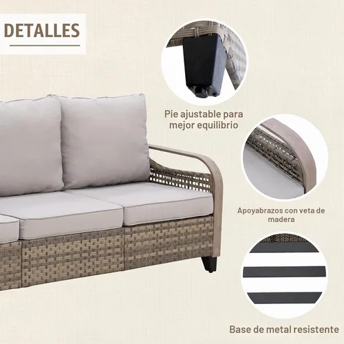 Vista 4 de Sofá de mimbre para patio, sofá para exteriores, 3 asientos Marrón/Gris