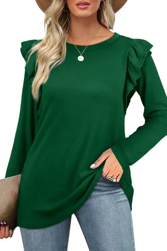 Vista 2 de Dofaoo Camisas de manga larga para mujer, estilo casual, cuello redondo, volantes, ajuste holgado