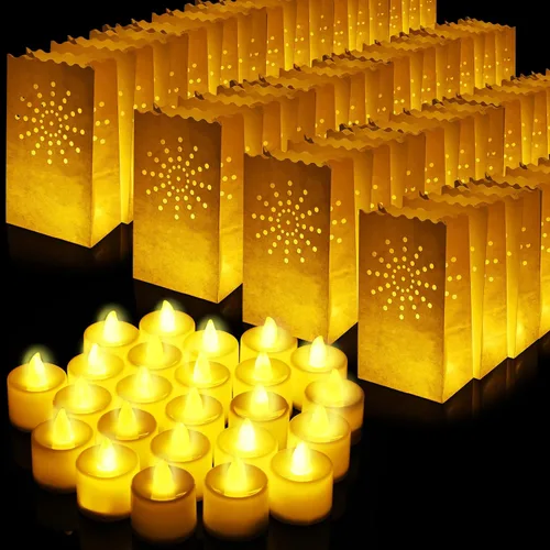 Vista 8 de Sabary Juego de 50 bolsas luminarias con velas de té sin llama, luminarias de Navidad, farol LED, bolsas para velas para cumpleaños, bodas